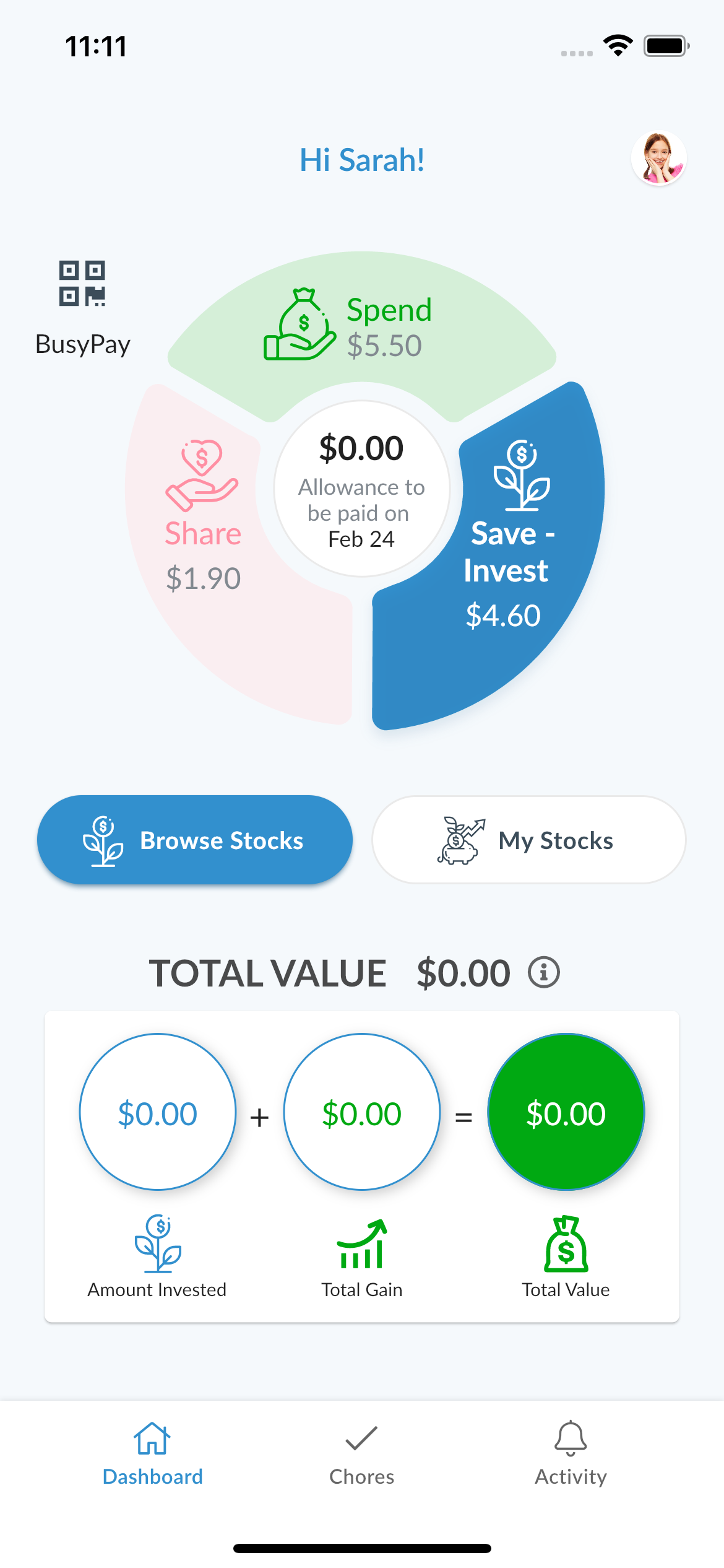 Device with the Busykid app open showing its features
