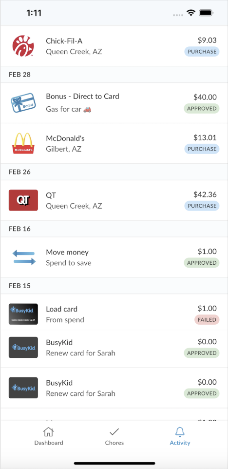Device with the Busykid app open showing its features