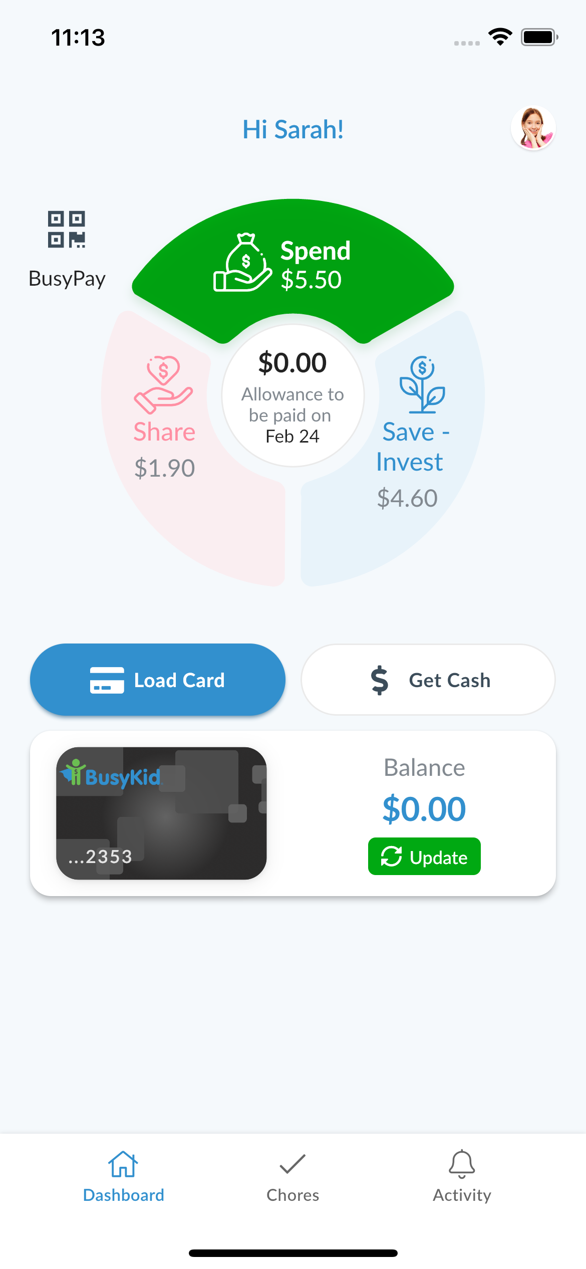 Device with the Busykid app open showing its features